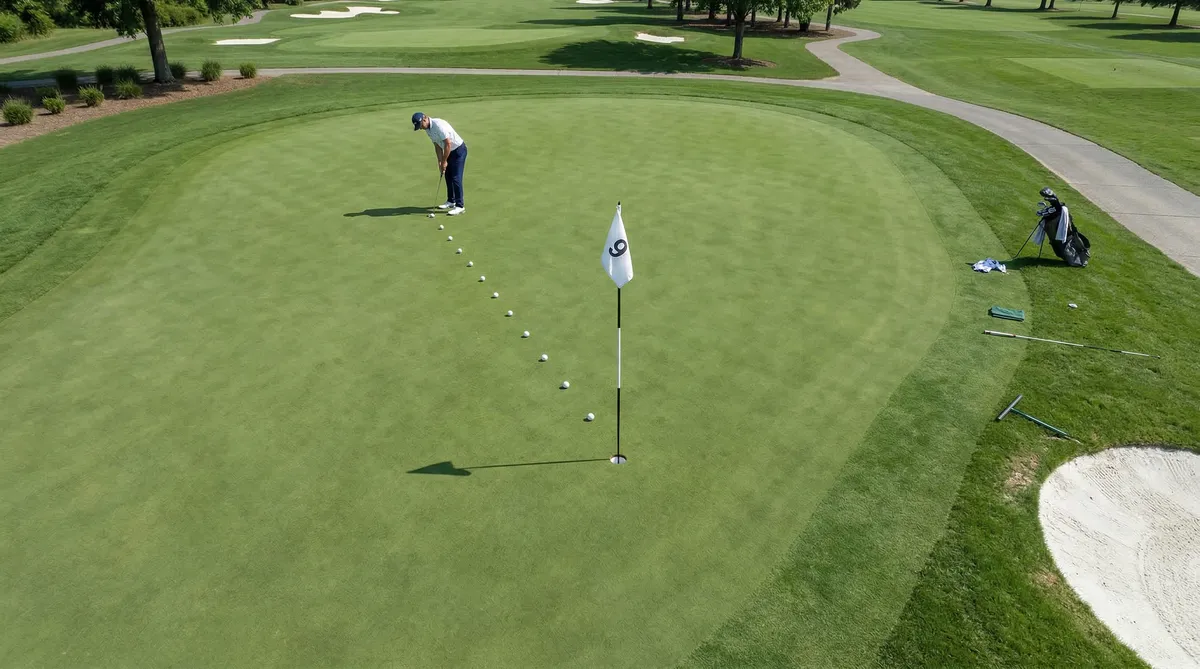 Golfer on the practice green working through a structured putting drill sequence